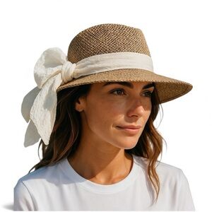 Round Ranger Wide Brim Woven Rattan Hat Cream Ribbon New